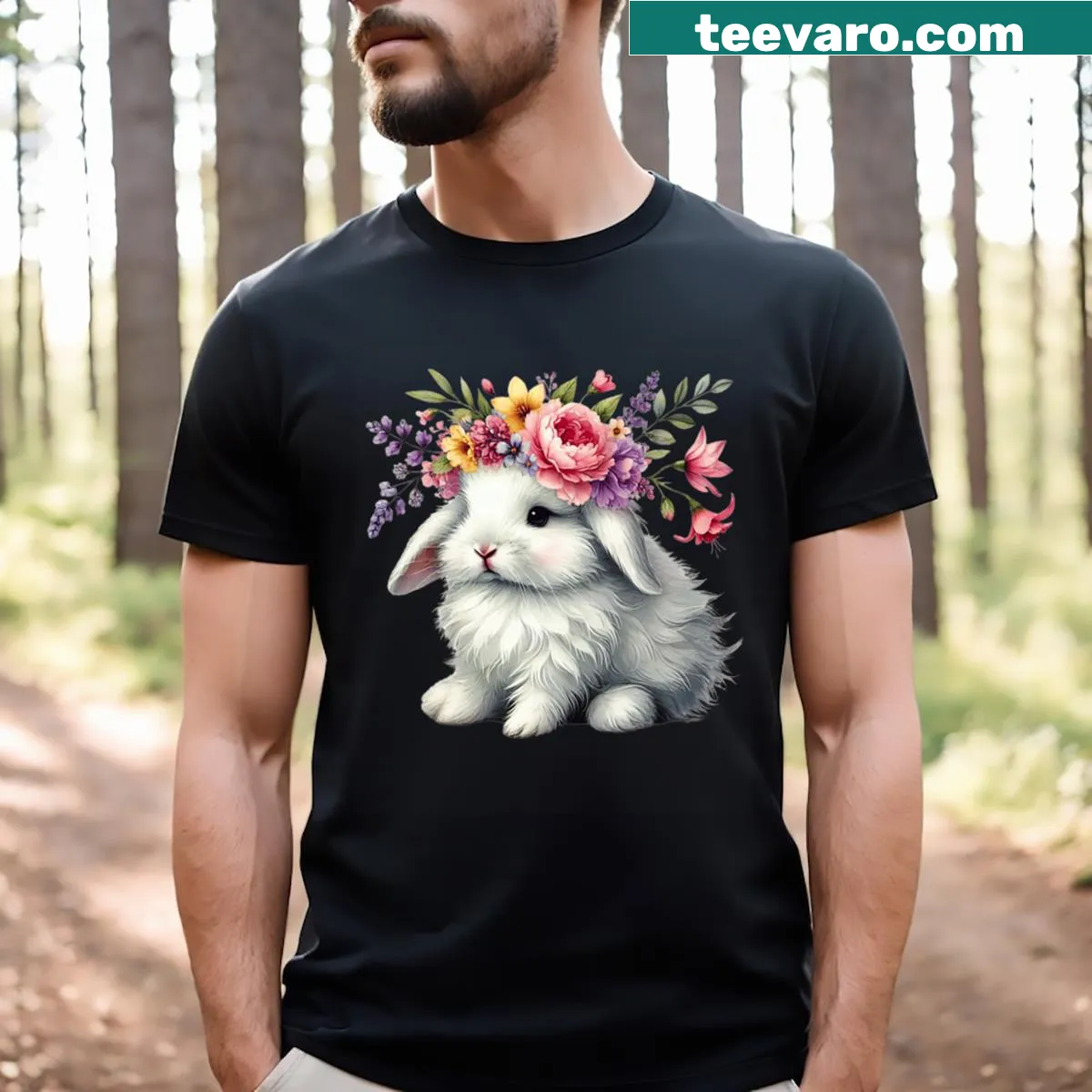 Cute girls' tee featuring an Easter bunny with a floral crown — on a men's t-shirt