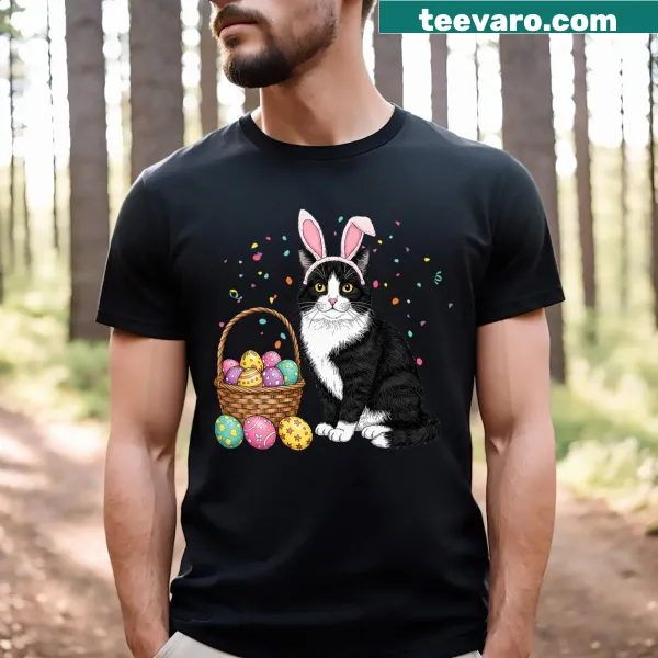 Funny tee with a cat wearing bunny ears and Easter eggs graphic