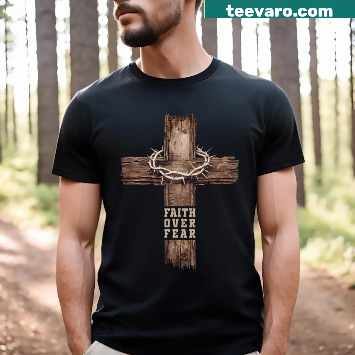 T-shirt featuring 'Faith Over Fear' with cross and crown of thorns graphic — on a men's t-shirt