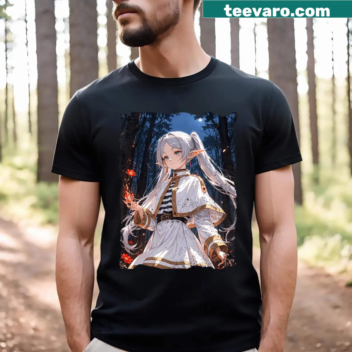 Anime-inspired t-shirt featuring the name Frieren. — on a men's t-shirt