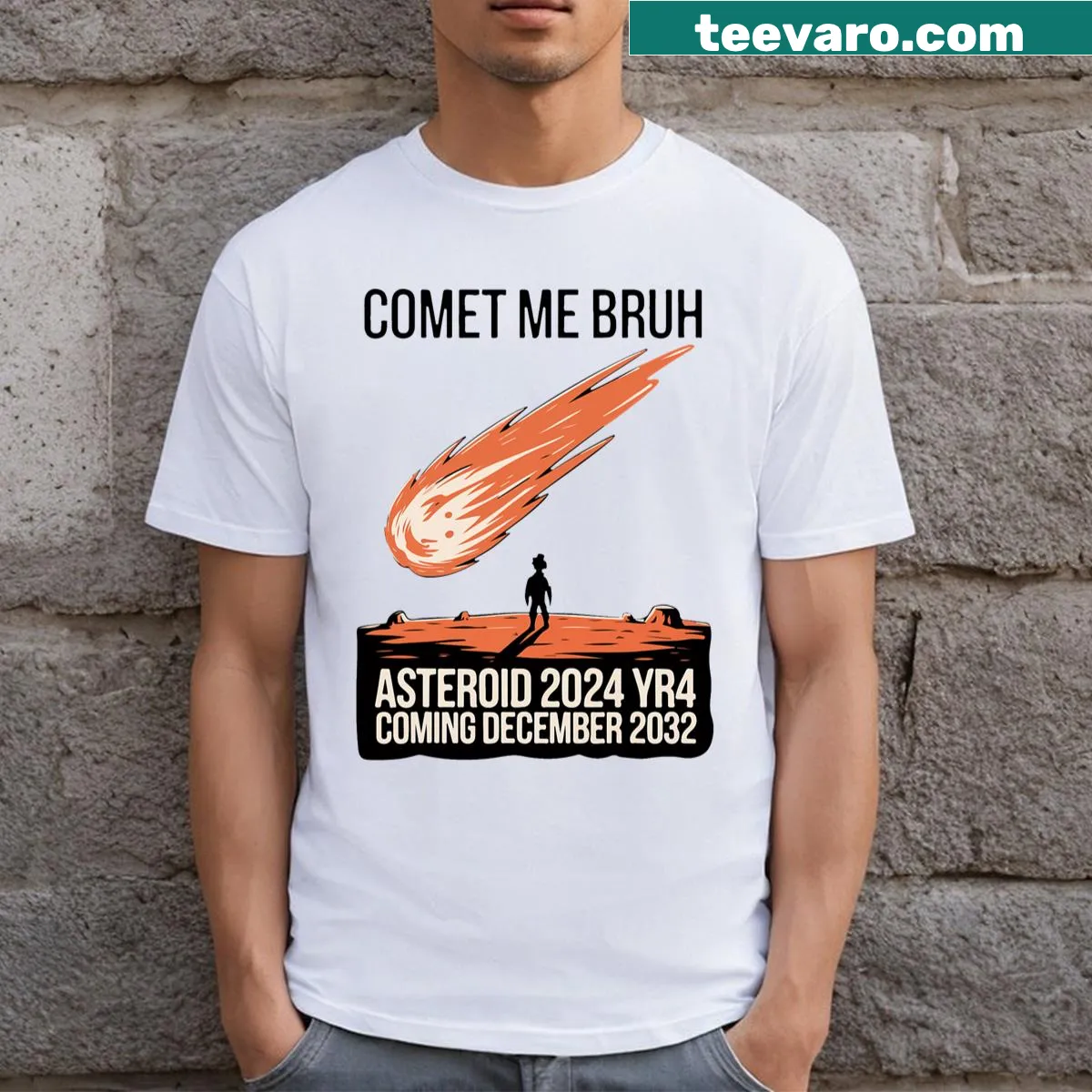 Funny graphic about asteroid 2024 Yr4 on T-shirt — on a men's t-shirt