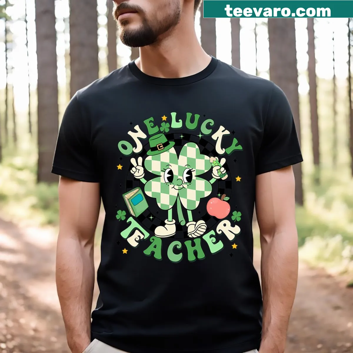 Shamrock with 'One Lucky Teacher' text design — on a men's t-shirt