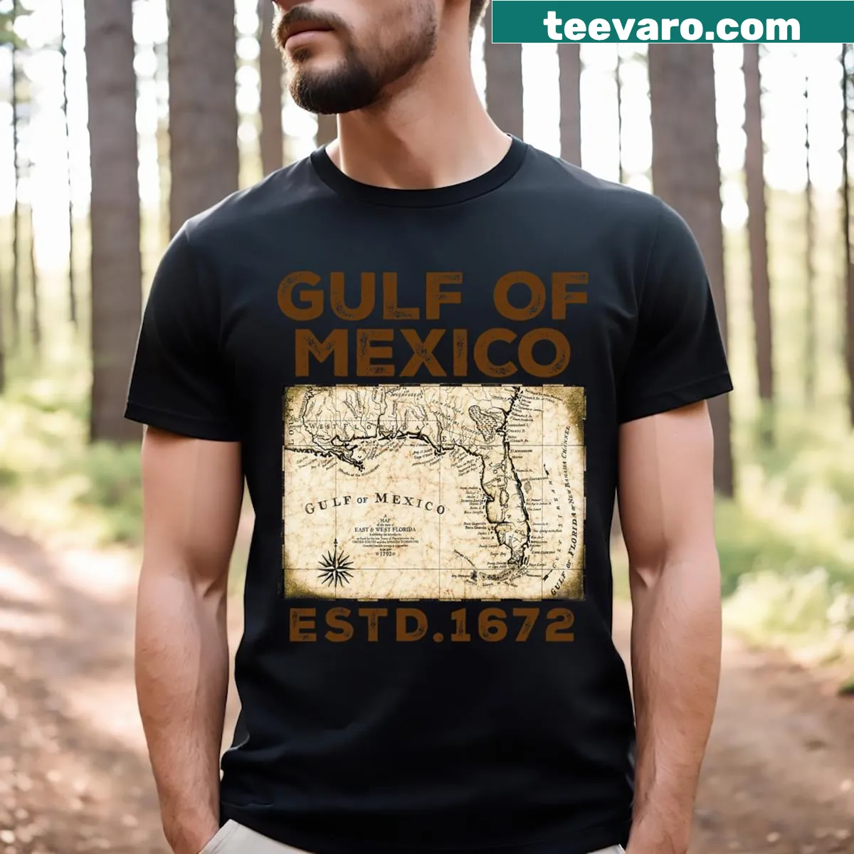Funny Gulf of Mexico map design with USA flag illustration — on a men's t-shirt