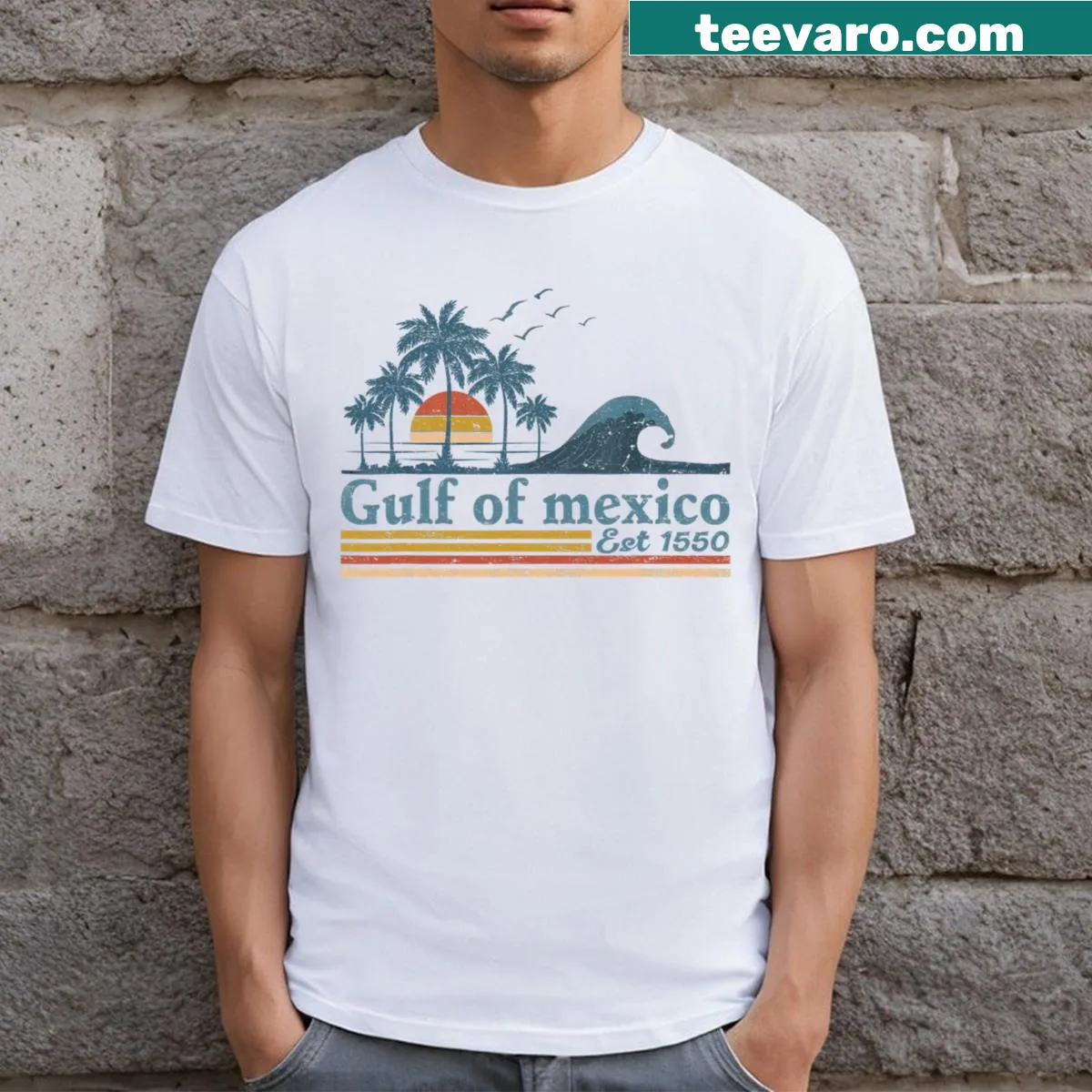 Vintage-style Gulf Retro Of Mexico Est 1550 T-shirt — on a men's t-shirt