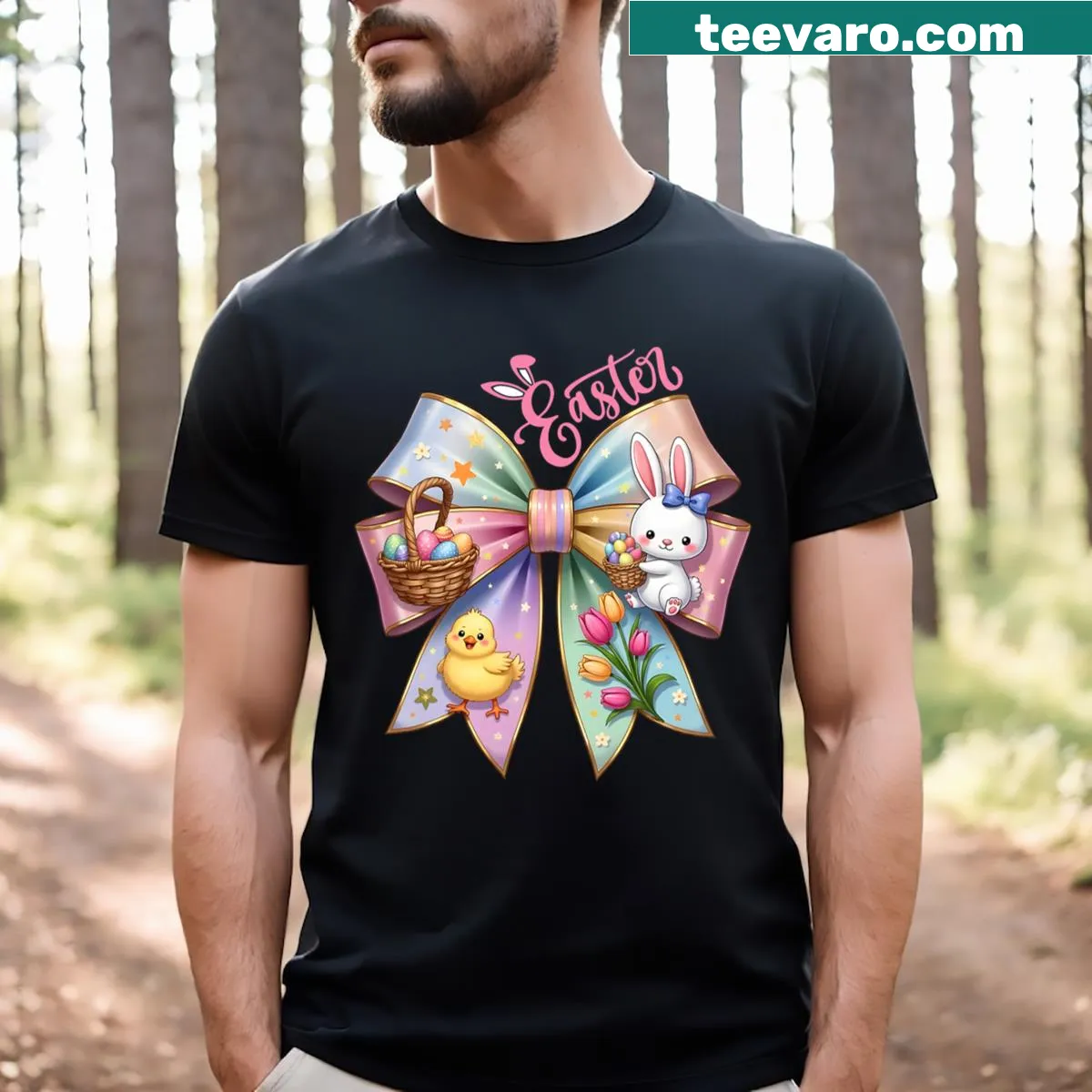 Cute Easter bunny t-shirt with coquette bow and eggs — on a men's t-shirt