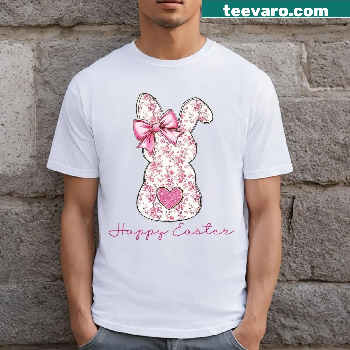 Cute pink floral Chinoiserie bunny graphic on women's Easter t-shirt — on a men's t-shirt