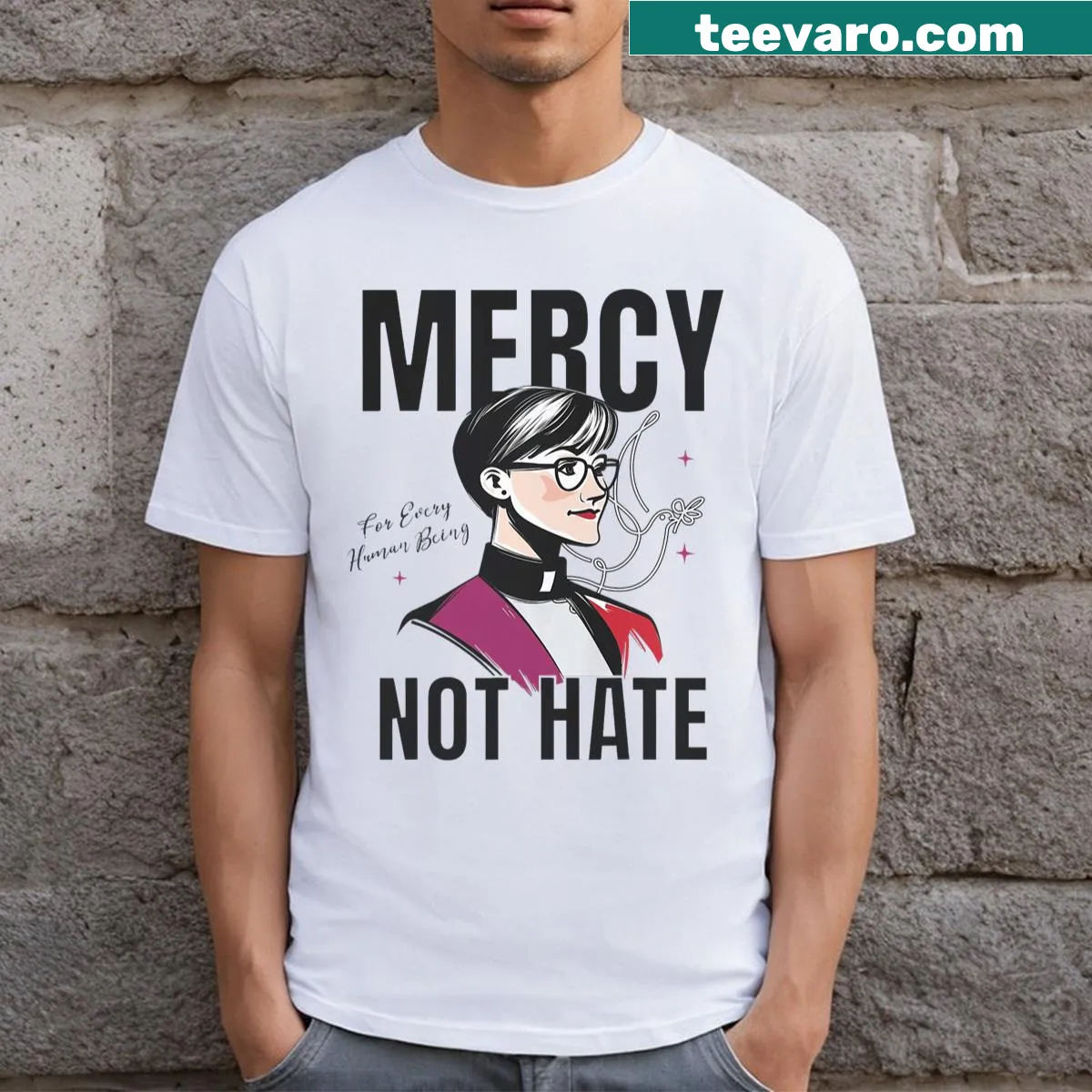 Typographic design featuring 'Have Mercy Not Hate' text — on a men's t-shirt