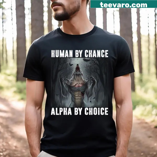 Men's T-shirt with wolf graphic and humorous 'Alpha' text