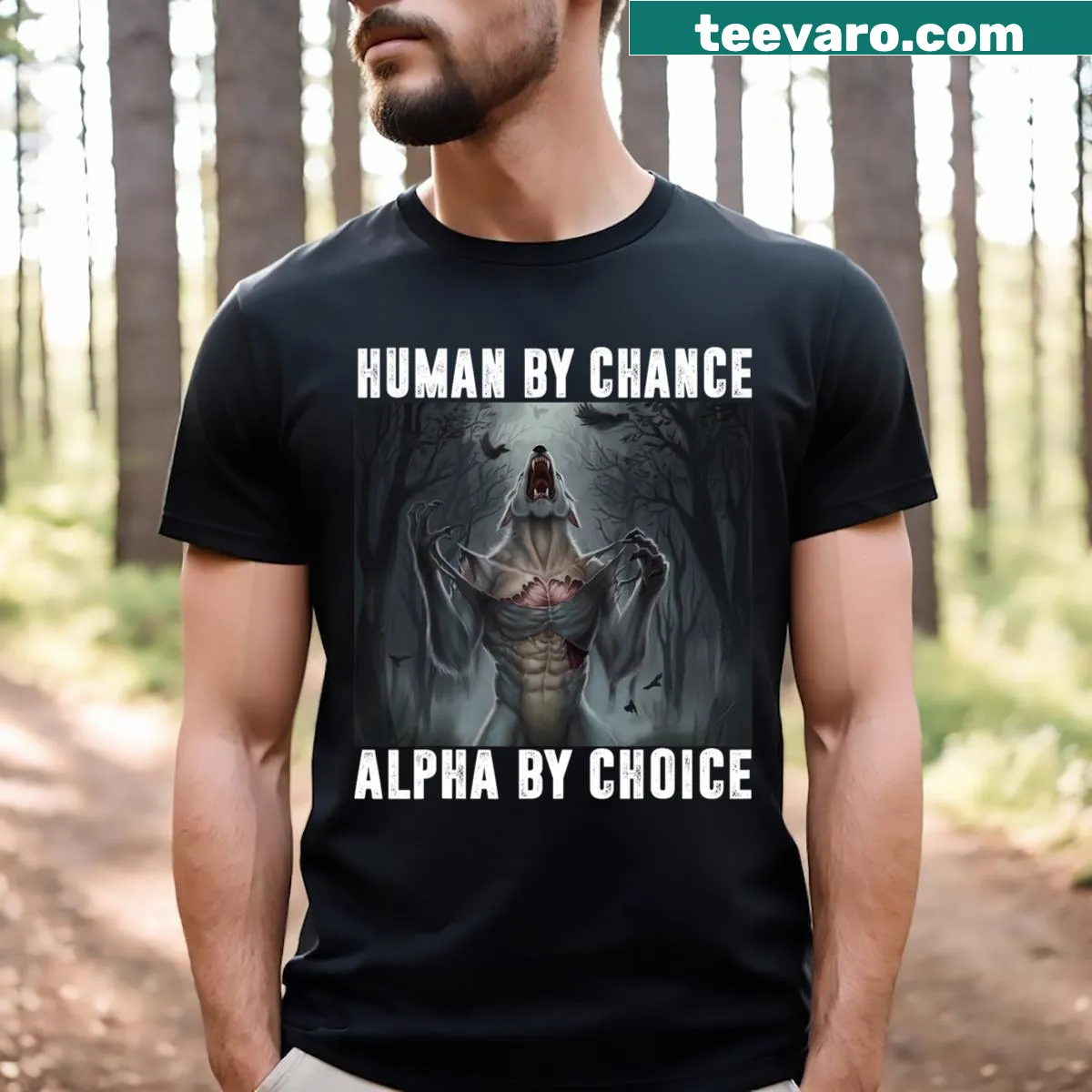 Men's T-shirt with wolf graphic and humorous 'Alpha' text — on a men's t-shirt