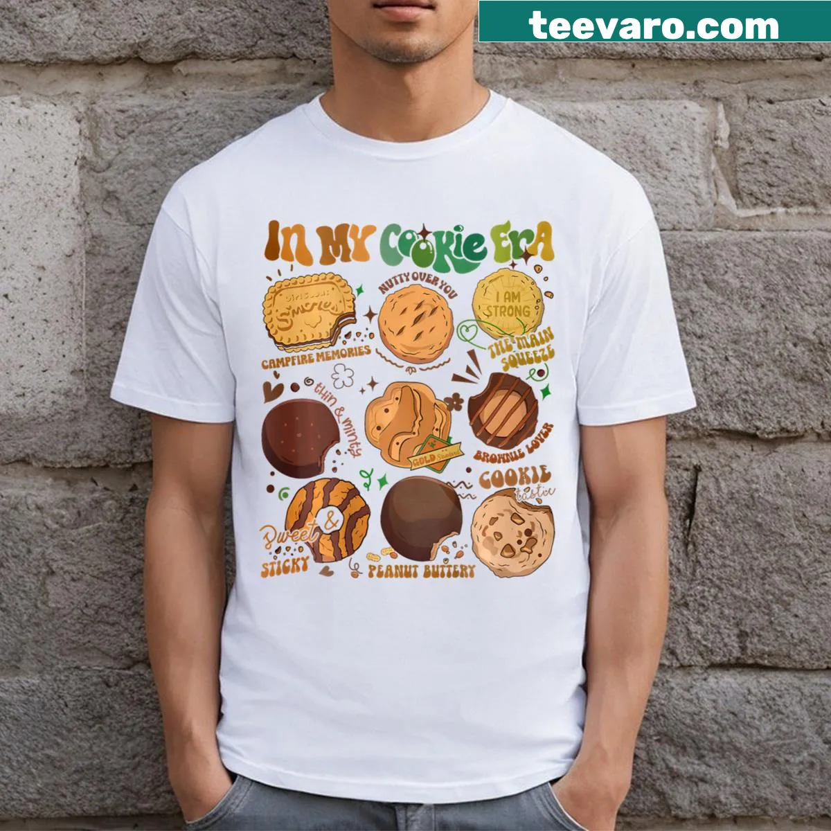 Playful T-shirt with cookie illustrations and fun text for girls — on a men's t-shirt