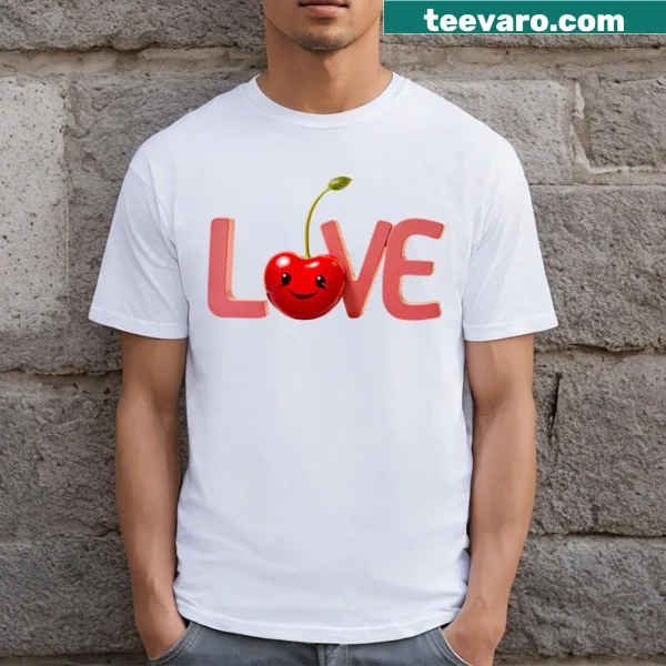 Joyful Love text with a cherry illustration on a T-shirt