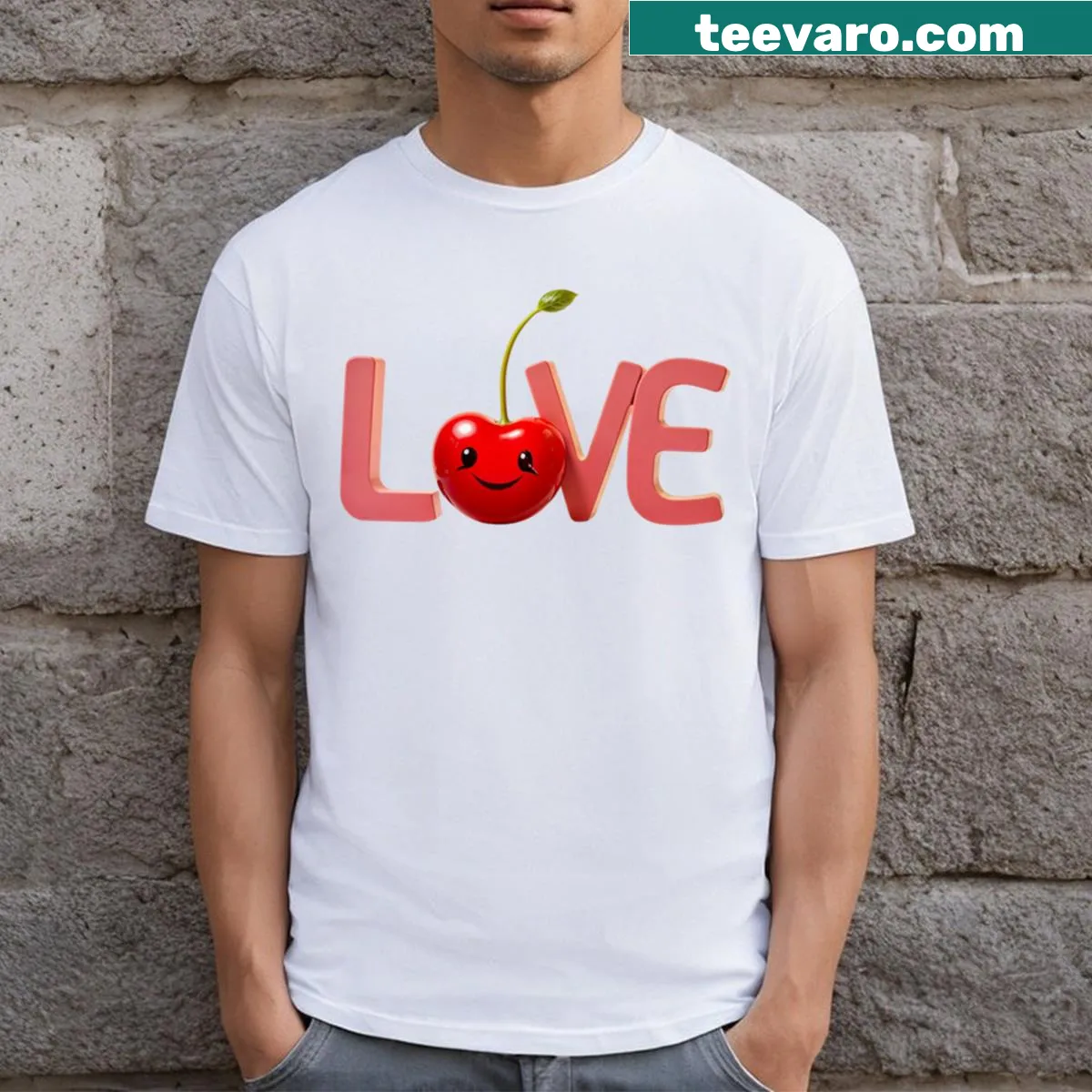 Joyful Love text with a cherry illustration on a T-shirt — on a men's t-shirt