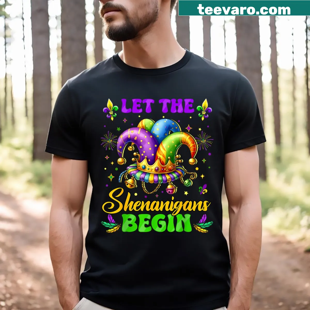 Mardi Gras themed t-shirt with the phrase 'Let The Shenanigans Begin' — on a men's t-shirt