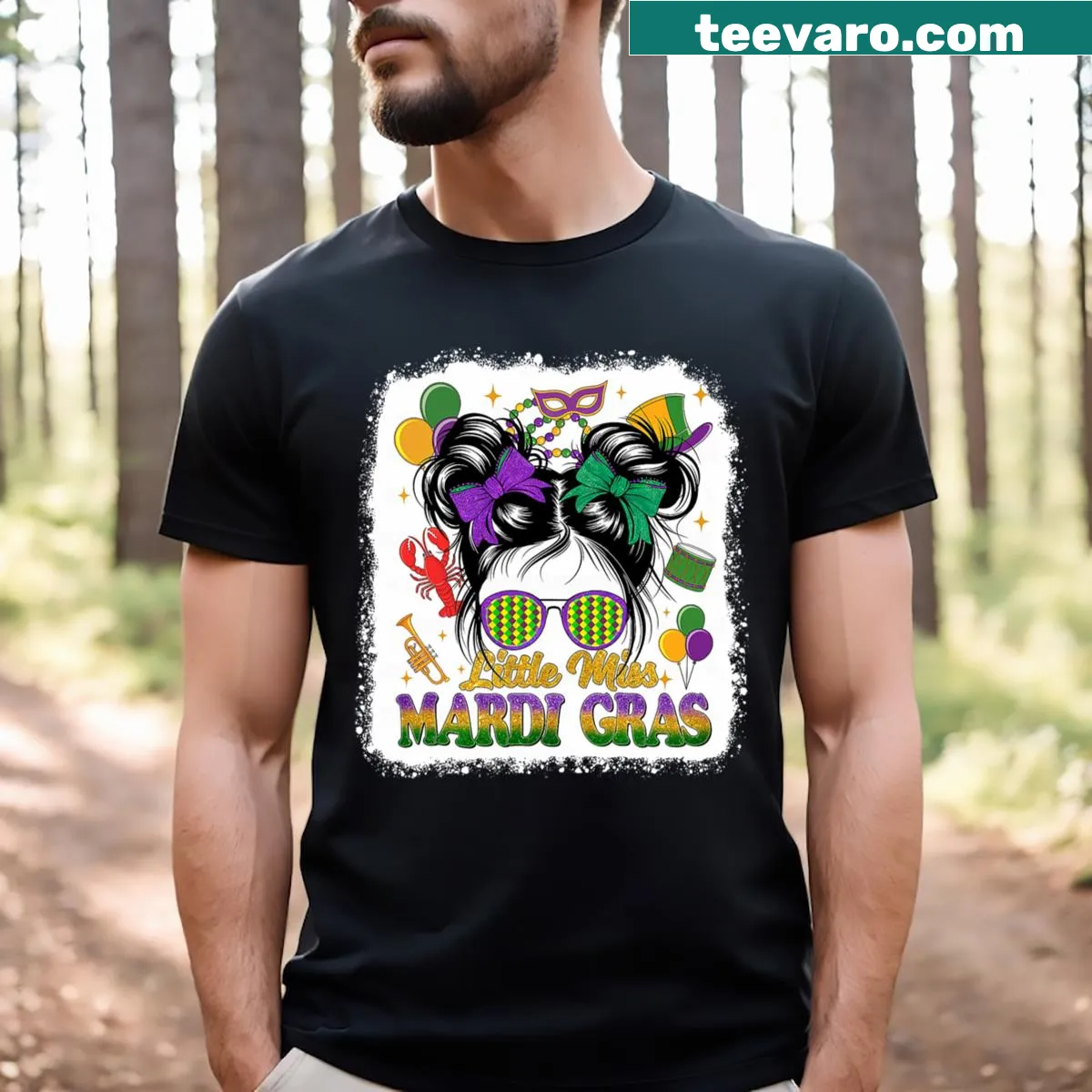 Cute cartoon design of a girl with messy bun for Mardi Gras — on a men's t-shirt