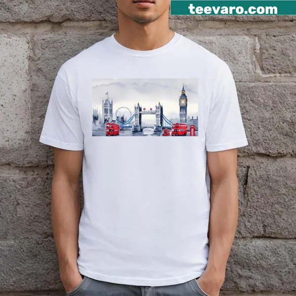 Watercolor T-shirt featuring iconic London landmarks like Tower Bridge.