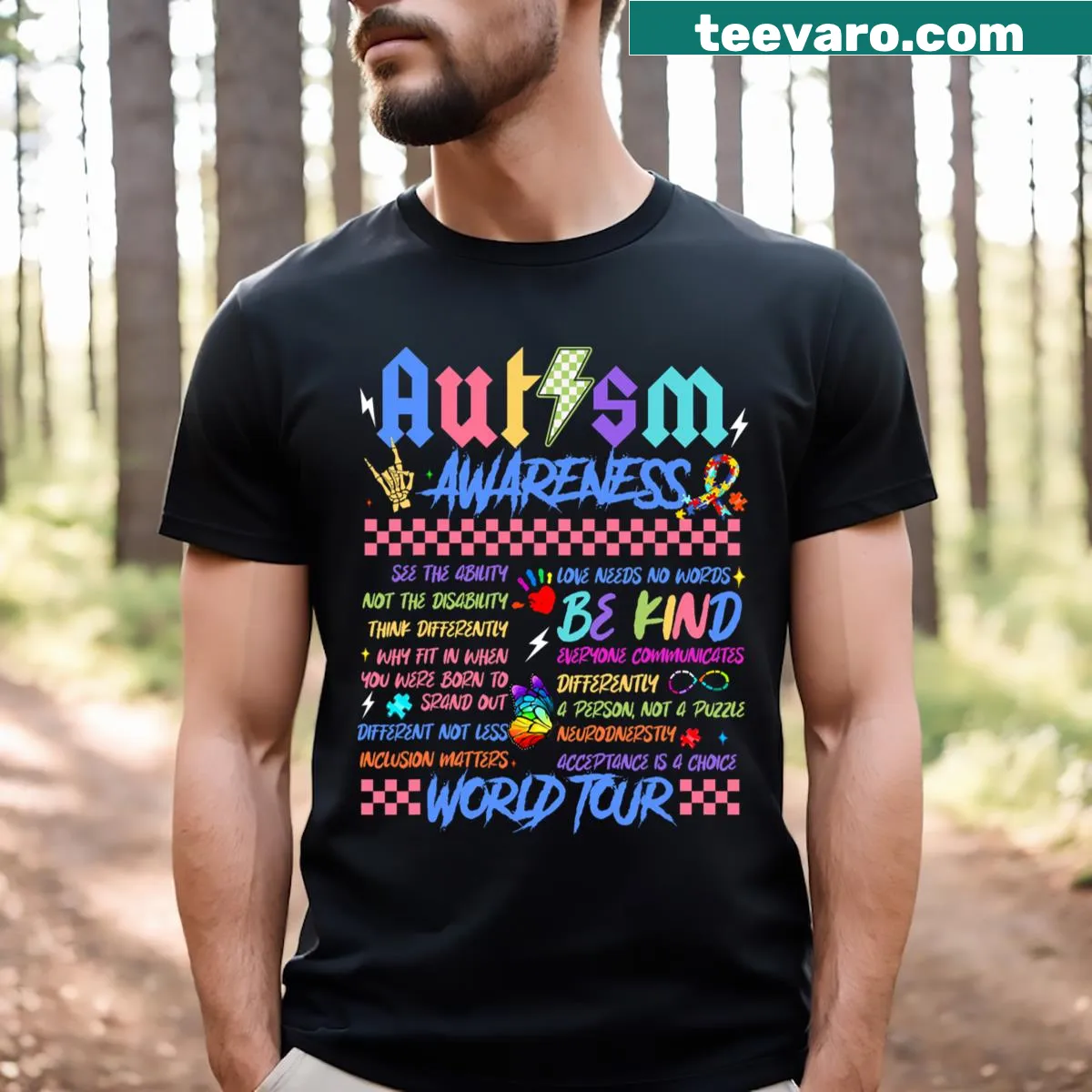 T-shirt with powerful phrases promoting autism awareness and kindness. — on a men's t-shirt