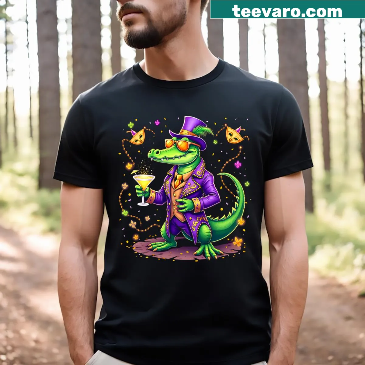 Illustration of an alligator in costume for Mardi Gras — on a men's t-shirt