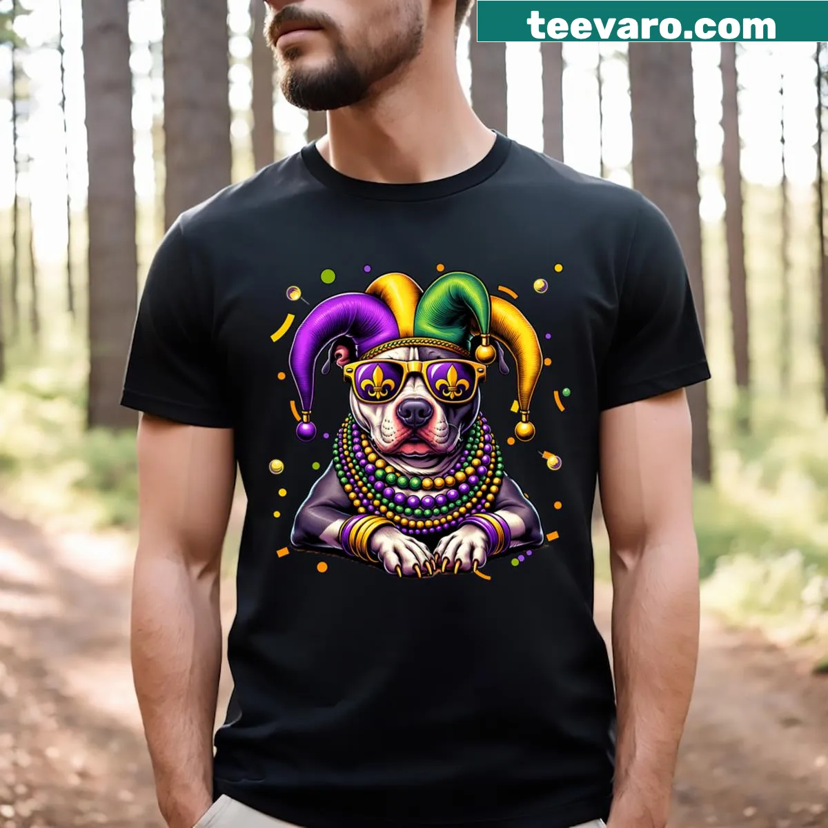 Mardi Gras-inspired t-shirt with Pitbull graphic and festive beads — on a men's t-shirt
