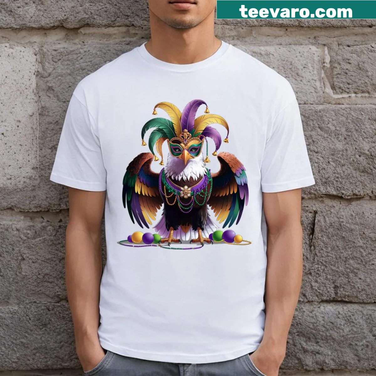 Funny Mardi Gras t-shirt featuring a cartoon eagle in costume — on a men's t-shirt