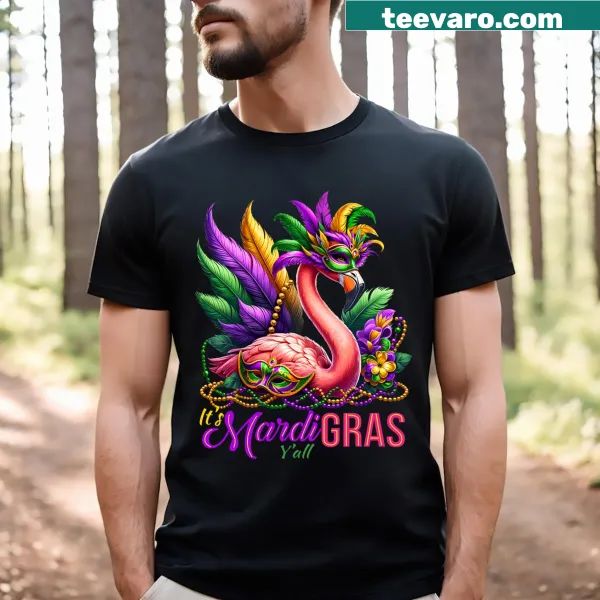 Tropical-themed Mardi Gras T-shirt featuring a festive flamingo design