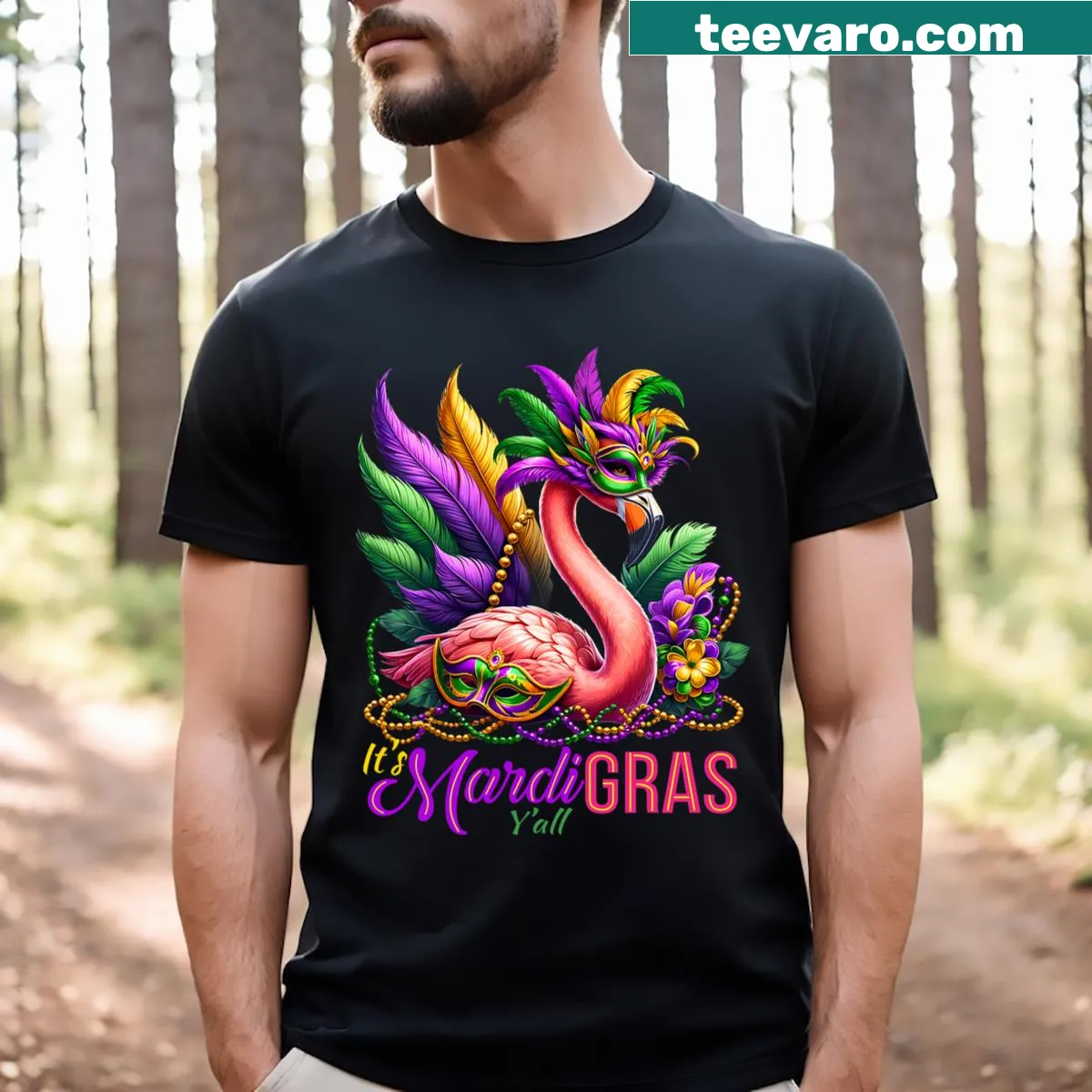 Tropical-themed Mardi Gras T-shirt featuring a festive flamingo design — on a men's t-shirt