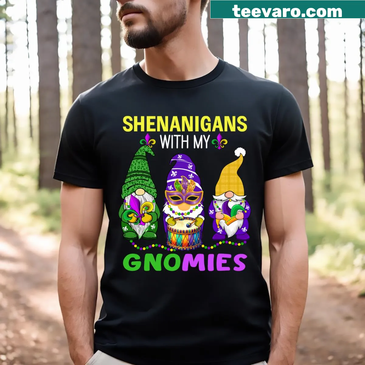 Whimsical Mardi Gras T-shirt featuring gnomes celebrating the carnival — on a men's t-shirt