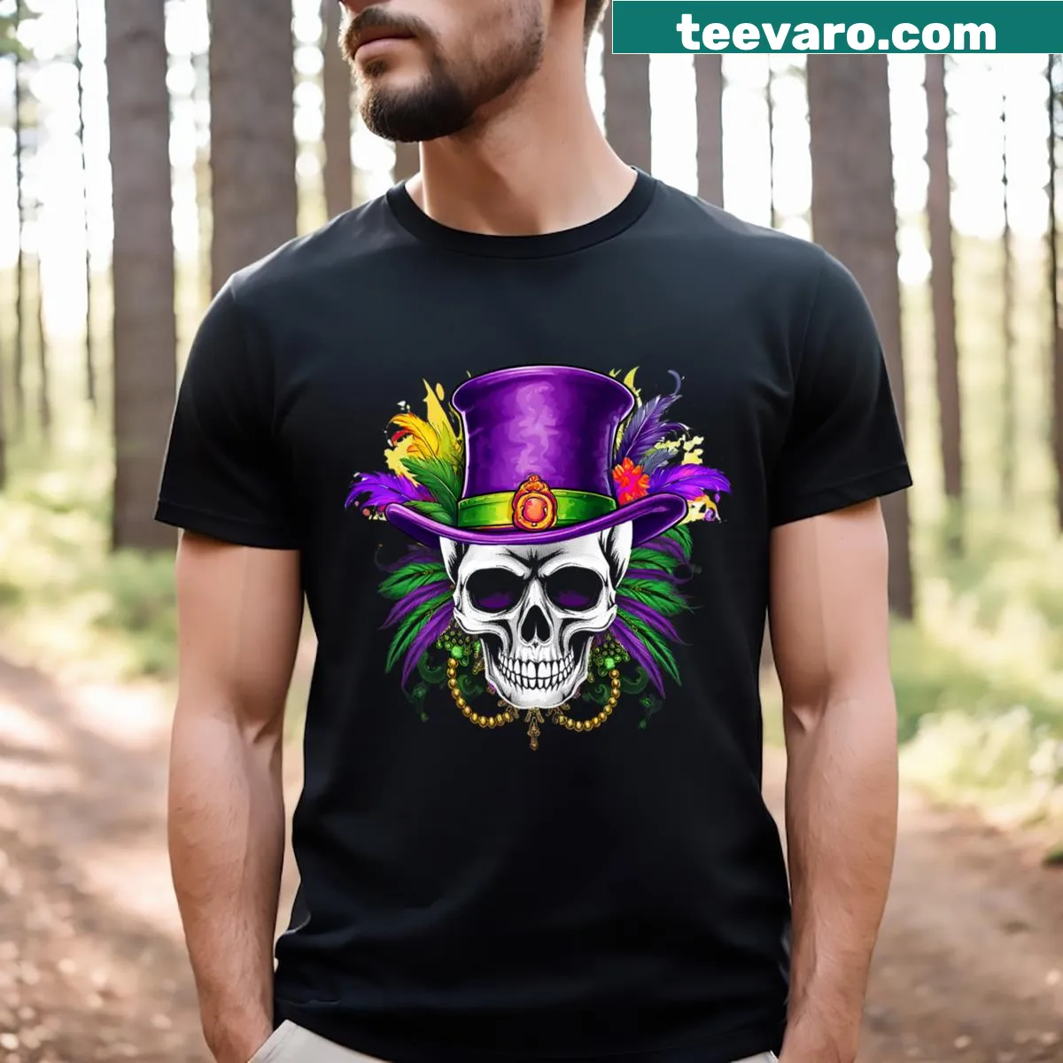 Mardi Gras Men T-shirt with skull and mask design — on a men's t-shirt