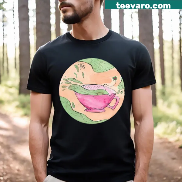 Whimsical matcha tea cup illustration on a t-shirt