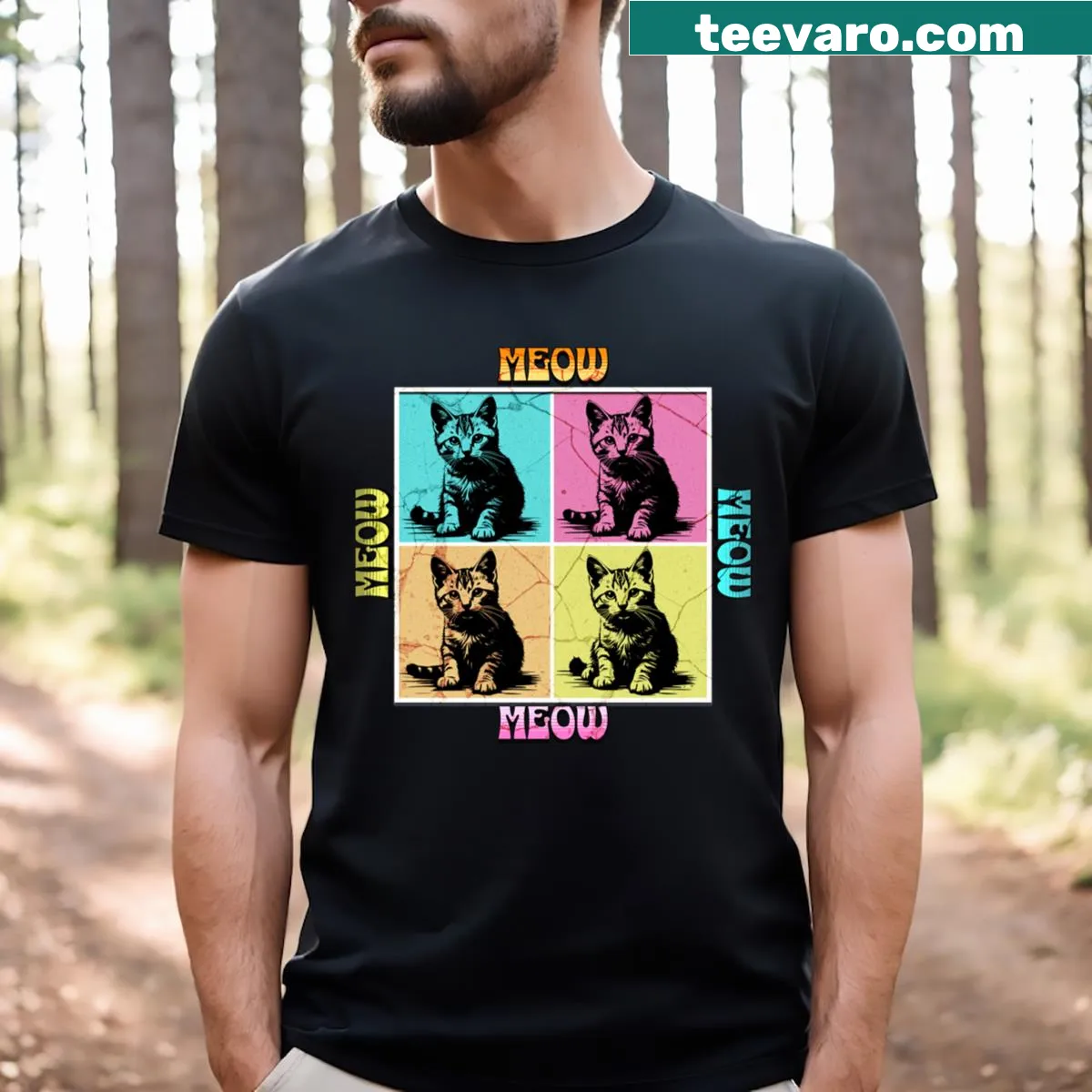 Cartoon t-shirt with the phrase 'Meow Meow Meow Meow' in a fun design — on a men's t-shirt