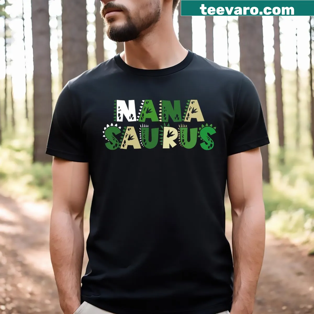 Cartoon dinosaur and text 'Nana Saurus' on a birthday-themed t-shirt — on a men's t-shirt