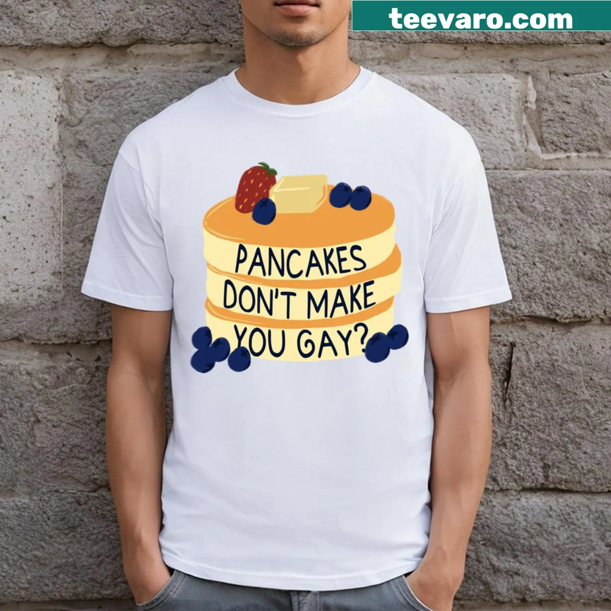 Humorous text graphic on a pancake-themed T-shirt — on a men's t-shirt