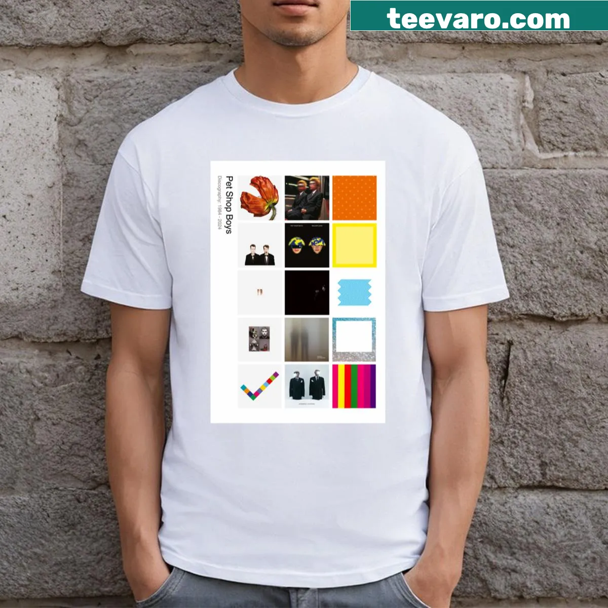T-shirt featuring the Pet Shop Boys discography from 1984 to 2024 in poster style. — on a men's t-shirt