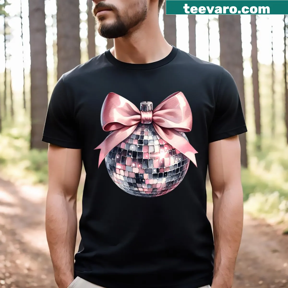 Party-themed T-shirt with disco ball and coquette bow illustration — on a men's t-shirt