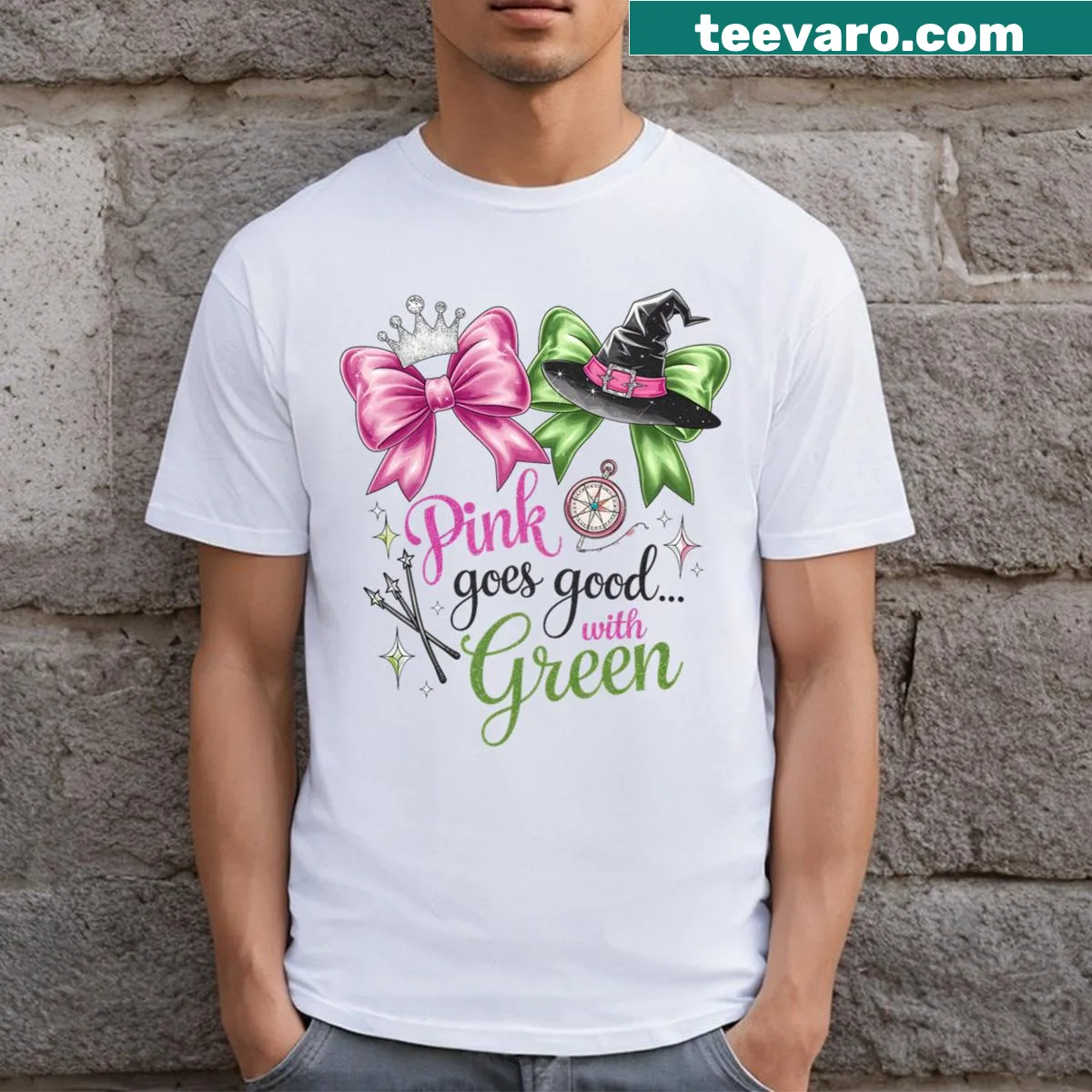 Funny Halloween T-shirt featuring a pink witch graphic — on a men's t-shirt