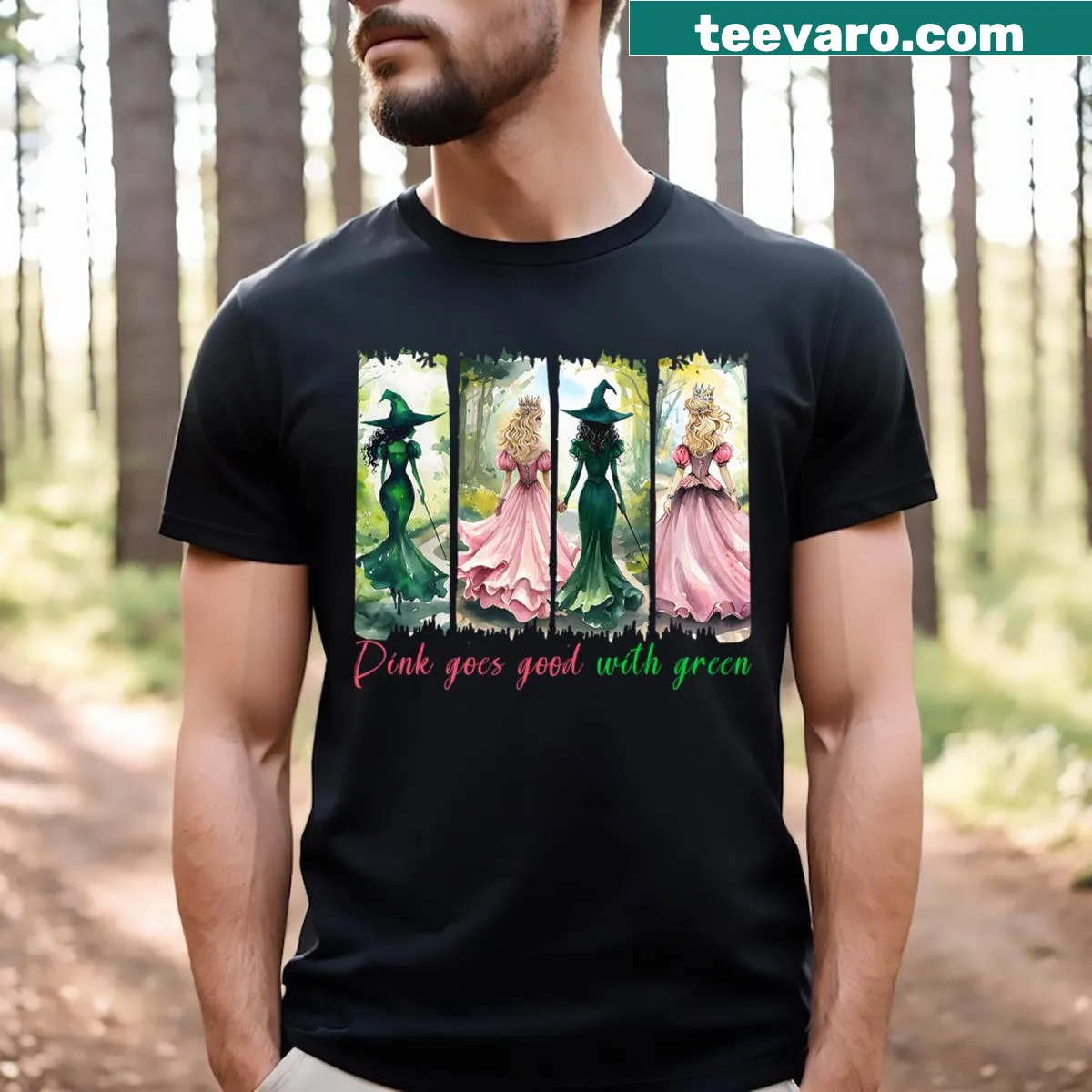 Illustration of a pink witch with a playful Halloween message — on a men's t-shirt