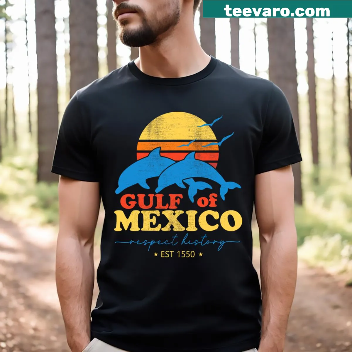 Retro Gulf of Mexico history graphic on a men's T-shirt — on a men's t-shirt