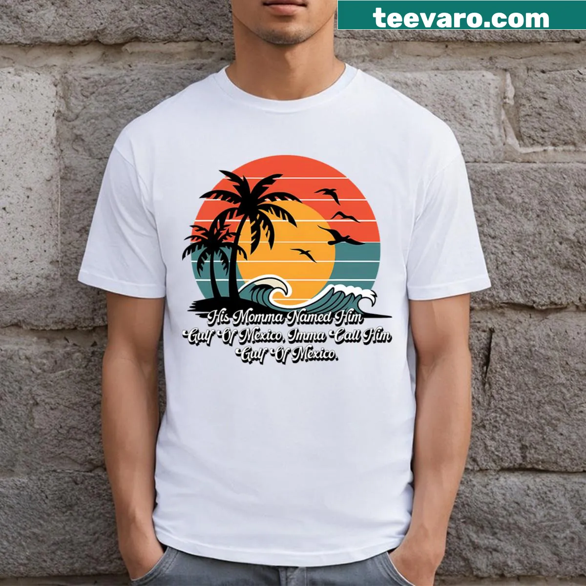 Playful retro T-shirt with humorous phrase about Gulf Of Mexico — on a men's t-shirt