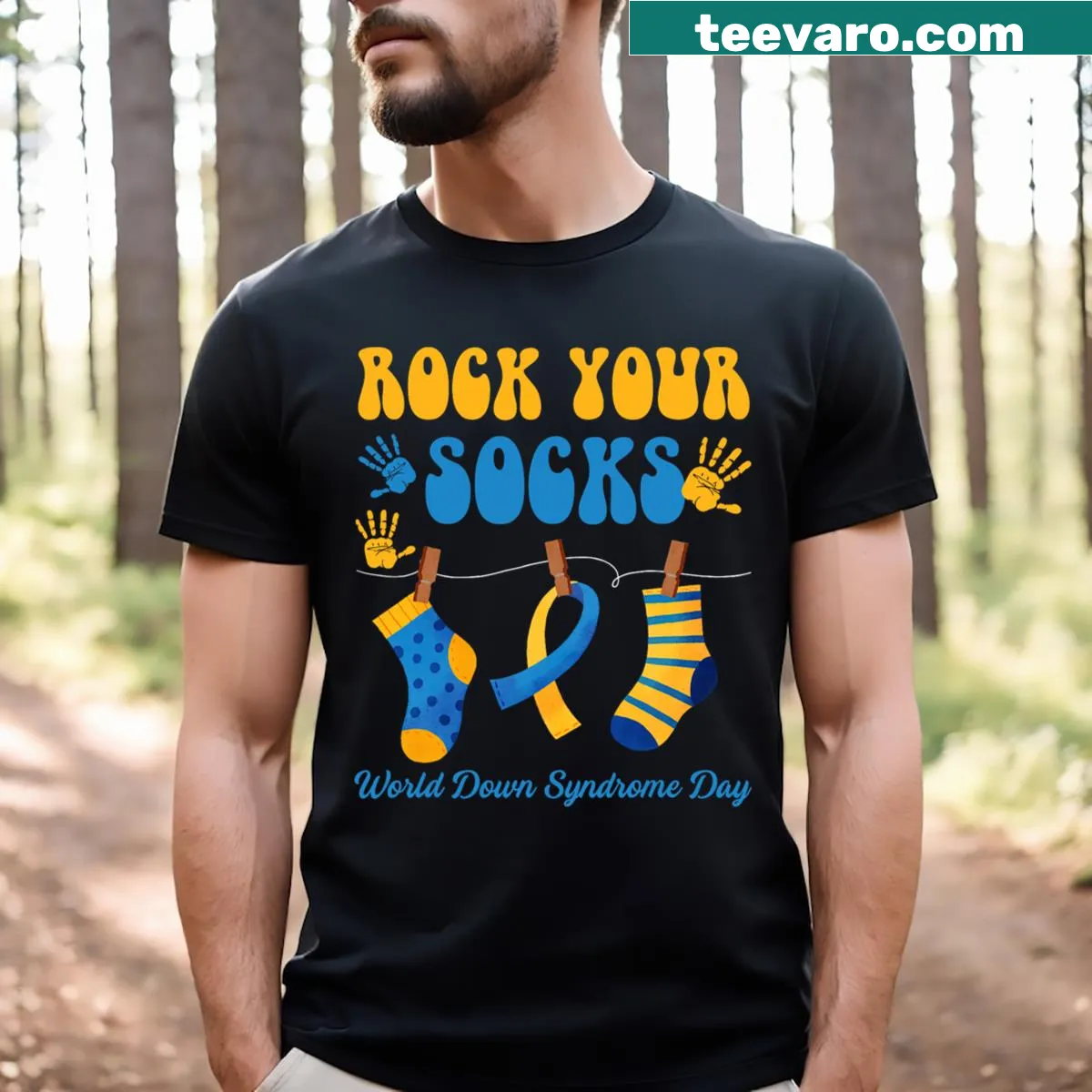 Kid's t-shirt with colorful socks illustration for Down Syndrome awareness — on a men's t-shirt