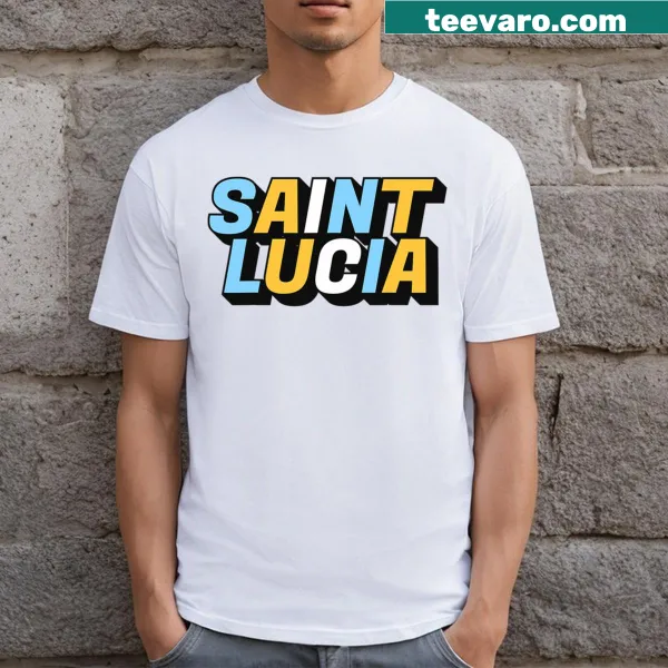 T-shirt showcasing Saint Lucia pride with flag-inspired graphic.