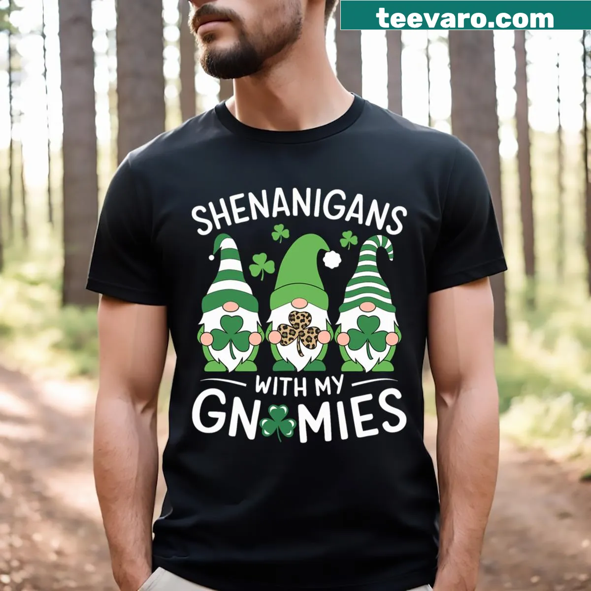 Humorous t-shirt featuring gnomes and shamrocks for St. Patrick's Day. — on a men's t-shirt