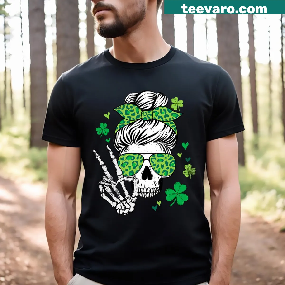 Edgy St. Patrick's Day T-shirt featuring a skull and messy bun — on a men's t-shirt