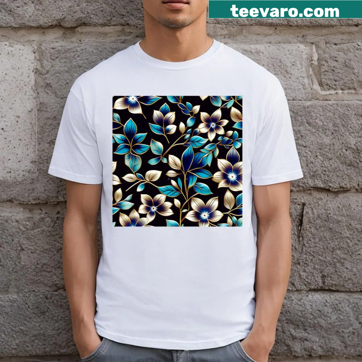 Sophisticated floral motif T-shirt with teal and gold details — on a men's t-shirt