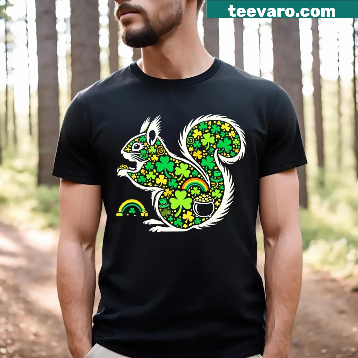 Funny St. Patrick's Day t-shirt featuring a leprechaun squirrel and shamrock — on a men's t-shirt