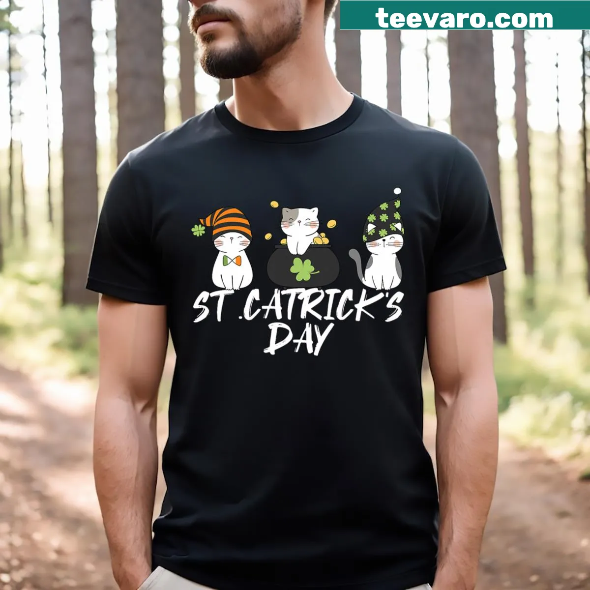 Playful t-shirt for kids featuring festive cats for St. Patrick's Day — on a men's t-shirt