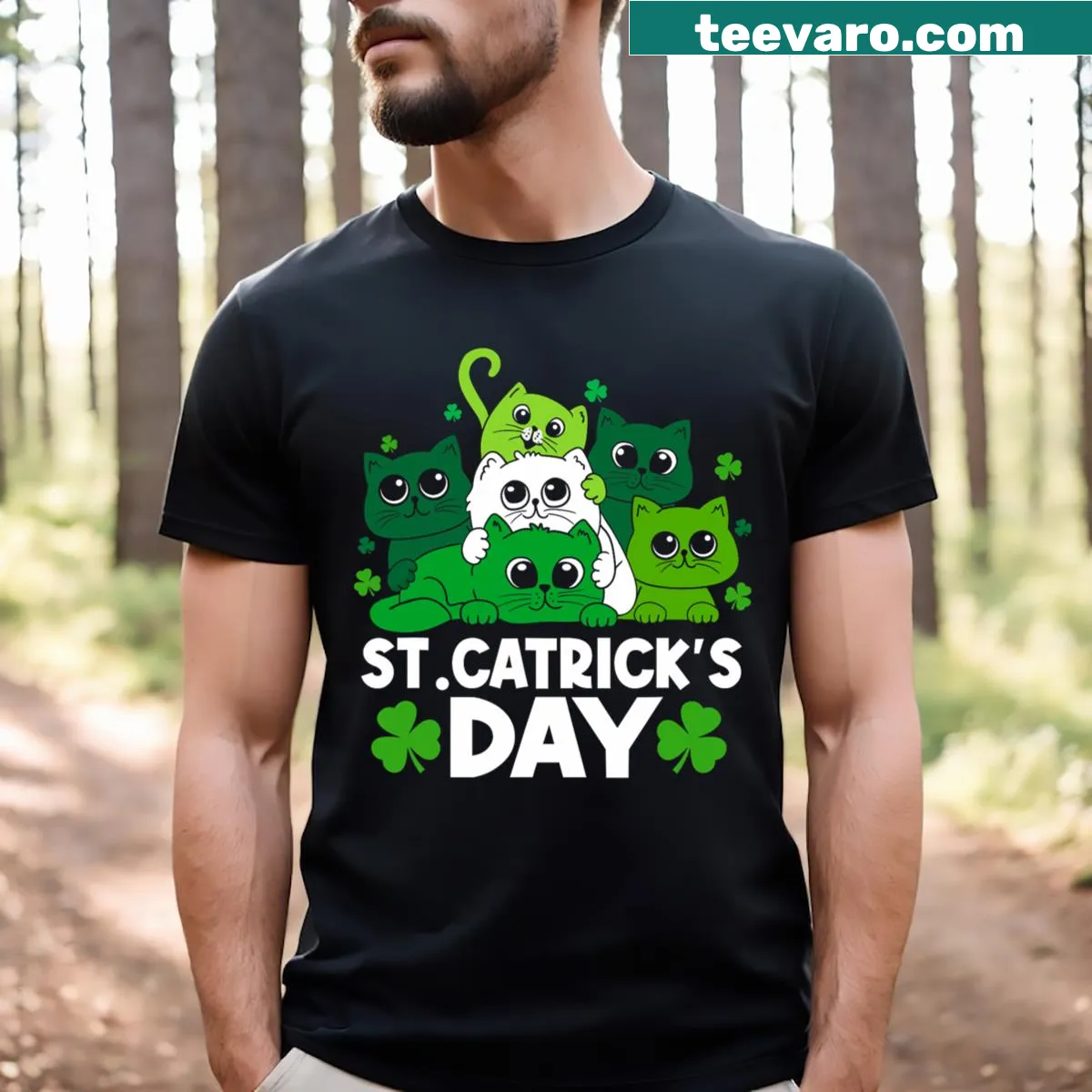 Cartoon cat design with shamrocks for St. Patrick's Day — on a men's t-shirt
