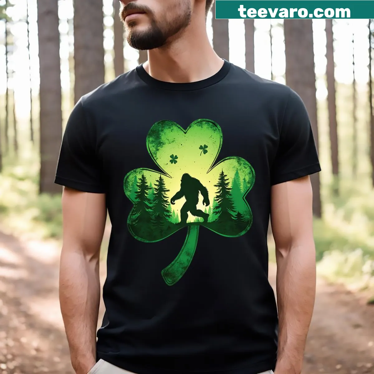 Bigfoot Sasquatch with shamrocks for St. Patrick's Day T-shirt — on a men's t-shirt
