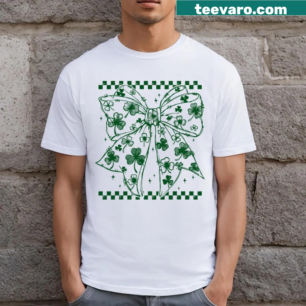 Playful St Patrick's Day t-shirt with shamrock and bow design — on a men's t-shirt