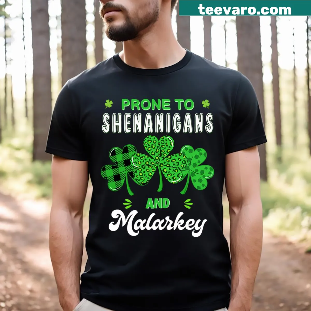 Playful t-shirt with leopard print shamrock design for St. Patrick's Day — on a men's t-shirt