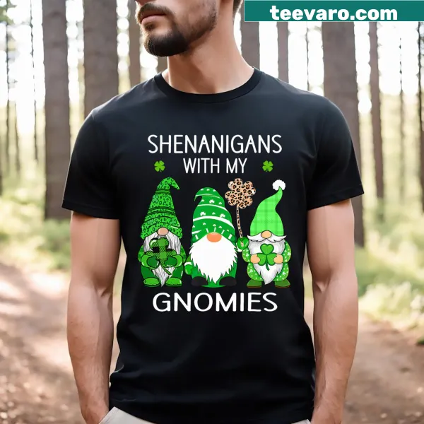 Playful St. Patrick's Day t-shirt with gnomes and shamrocks