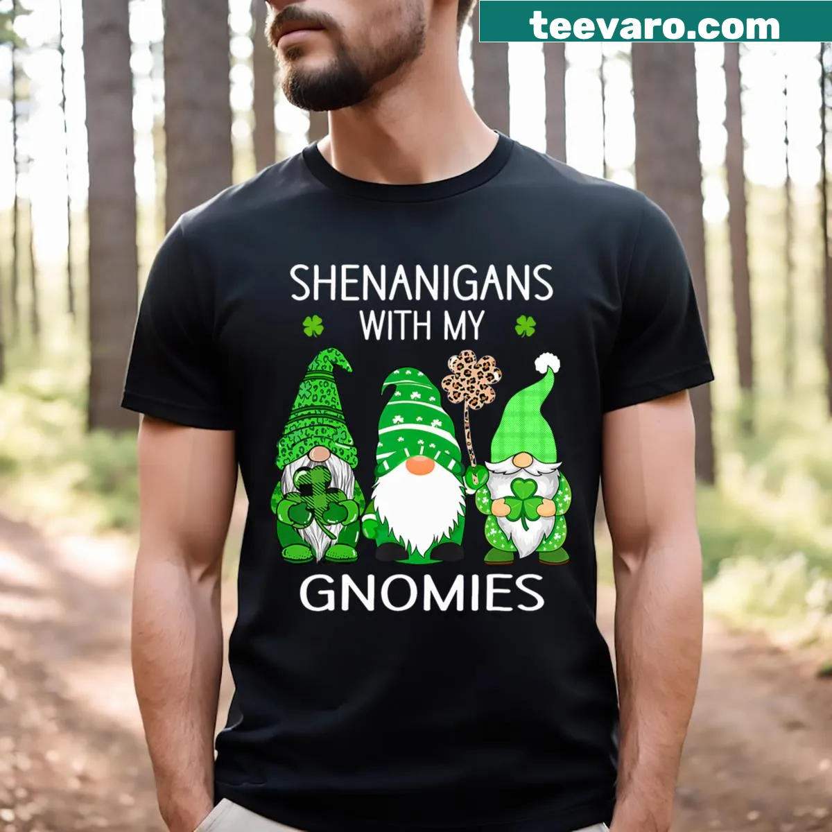 Playful St. Patrick's Day t-shirt with gnomes and shamrocks — on a men's t-shirt